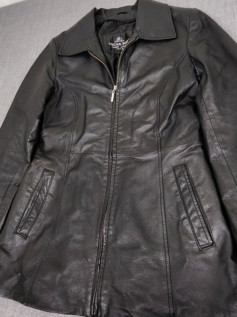 Oscar Piel Sleek Black Leather Zip Up Collard Jacket.  Small - Picture 2 of 9